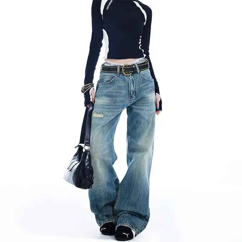 Womens High Waist Ripped Flared Jeans Y2K Street Style Denim Pants 2