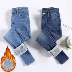 womens fleece lined thermal jeans warm stretch skinny winter denim pants