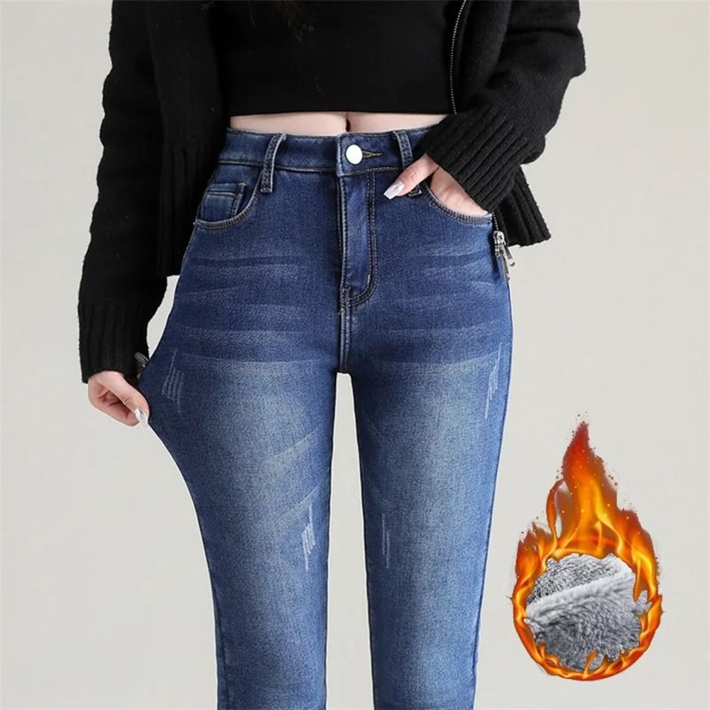 Womens Fleece Lined Thermal Jeans Warm Stretch Skinny Winter Denim Pants 12