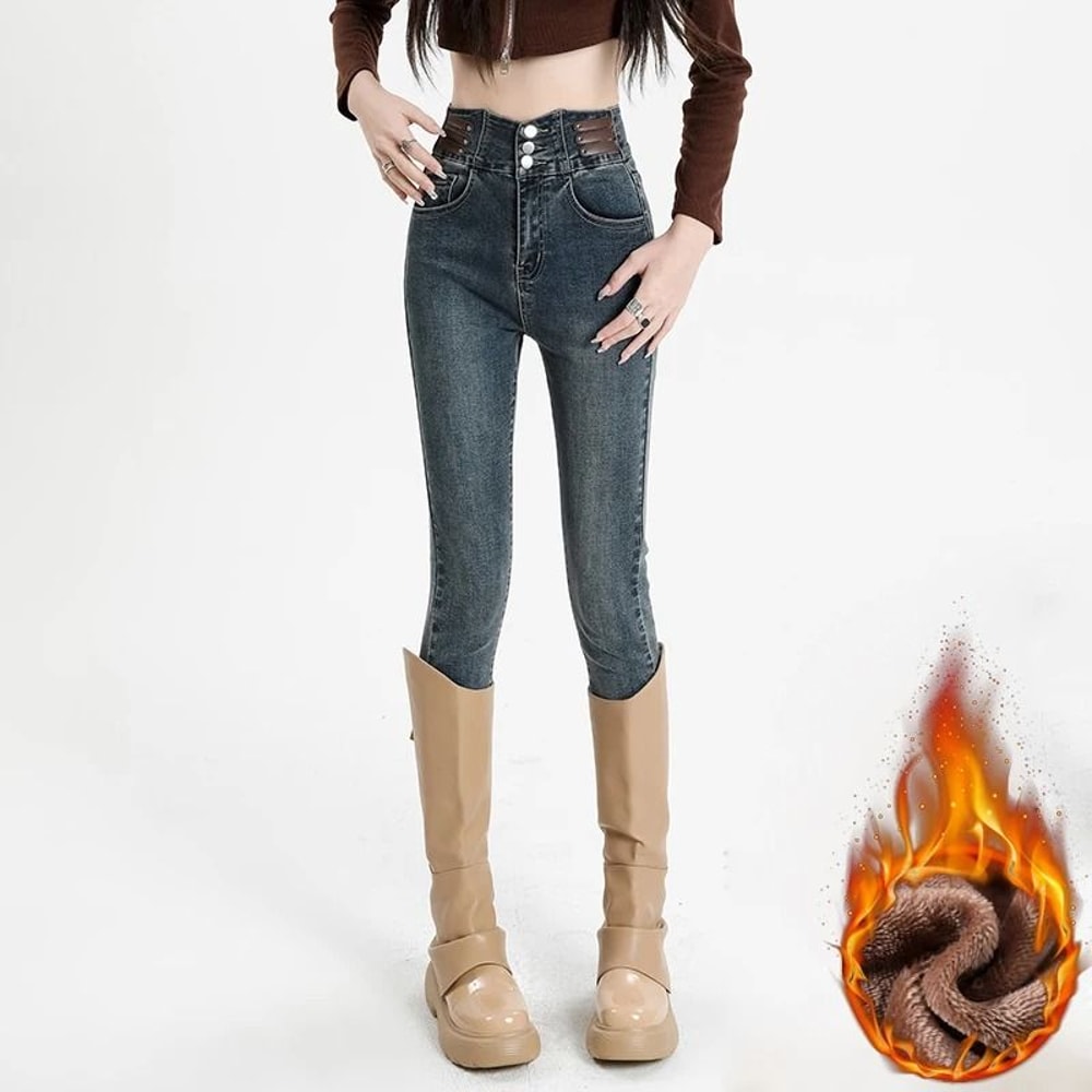 Womens High Waist Fleece Lined Skinny Jeans Warm Stretch Winter Denim Pants 3