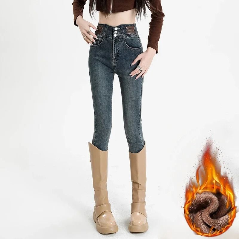 Womens High Waist Fleece Lined Skinny Jeans Warm Stretch Winter Denim Pants 2