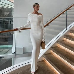 taruxy white skew collar bodycon maxi dress elegant long sleeve party dress