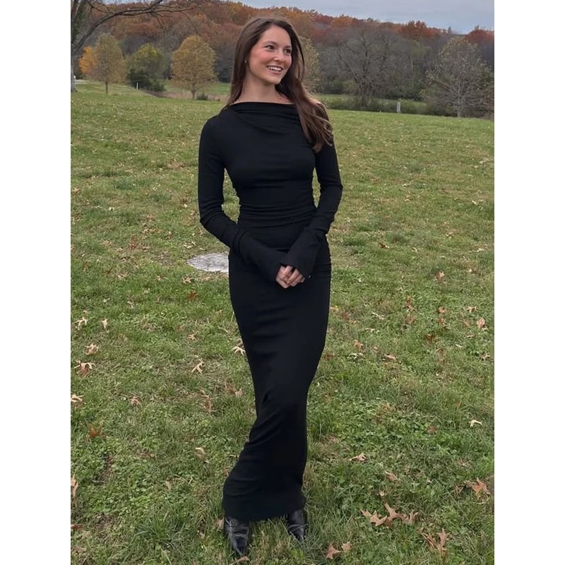 TARUXY White Skew Collar Bodycon Maxi Dress Elegant Long Sleeve Party Dress 3