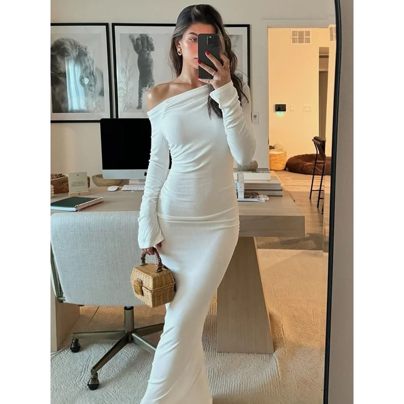 TARUXY White Skew Collar Bodycon Maxi Dress Elegant Long Sleeve Party Dress 6