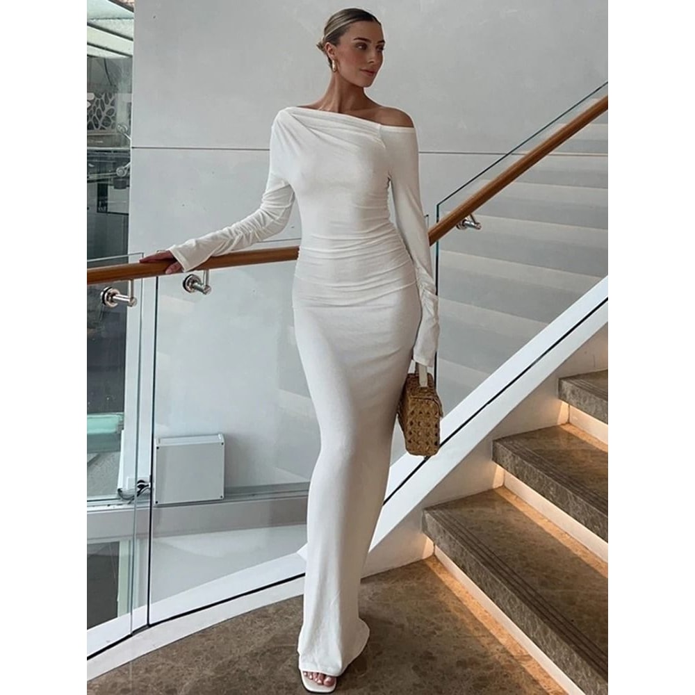 TARUXY White Skew Collar Bodycon Maxi Dress Elegant Long Sleeve Party Dress 7