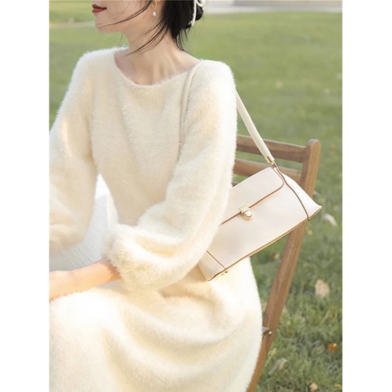 Womens Plush White Sweater Dress Long Sleeve Elegant Winter Knit Dress 1