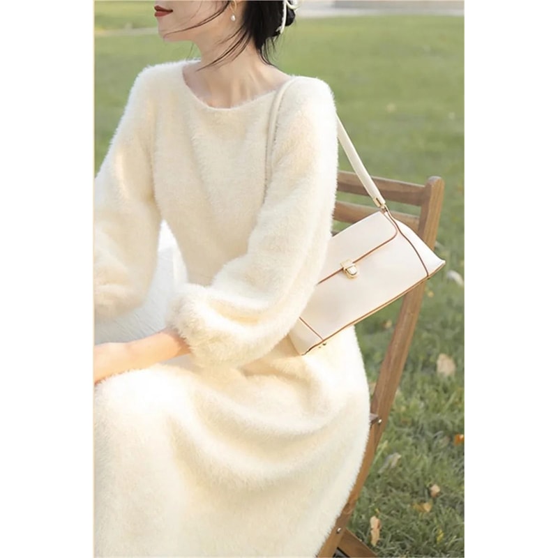 Womens Plush White Sweater Dress Long Sleeve Elegant Winter Knit Dress 2