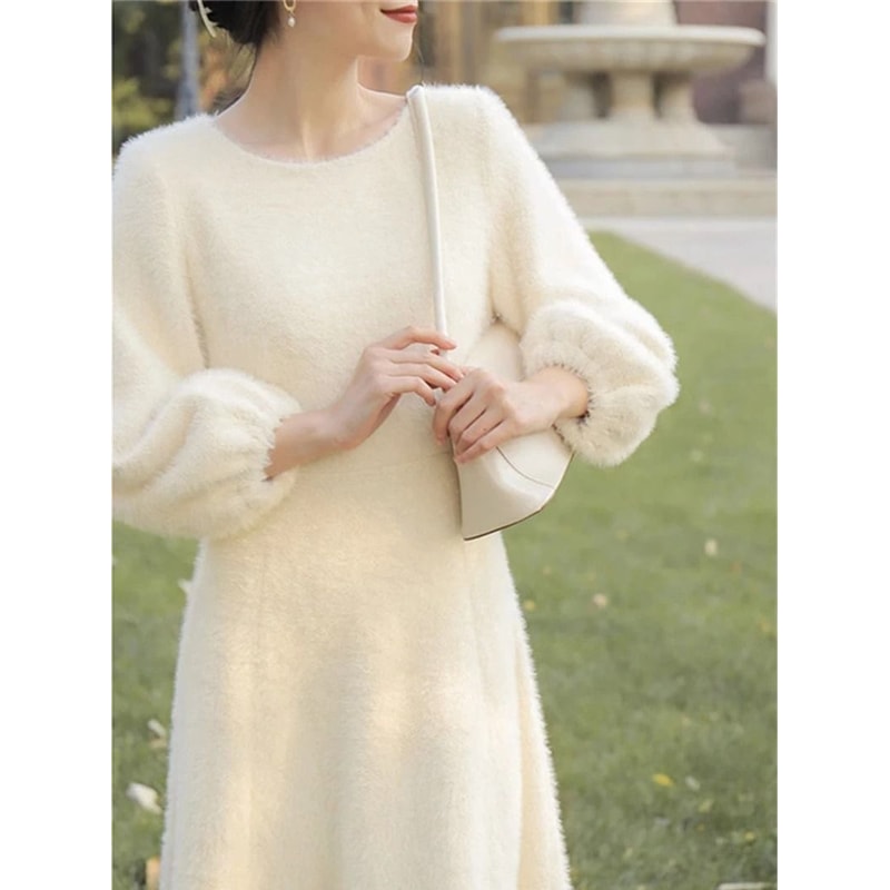 Womens Plush White Sweater Dress Long Sleeve Elegant Winter Knit Dress 3