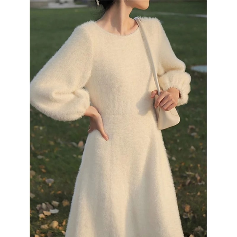 Womens Plush White Sweater Dress Long Sleeve Elegant Winter Knit Dress 4