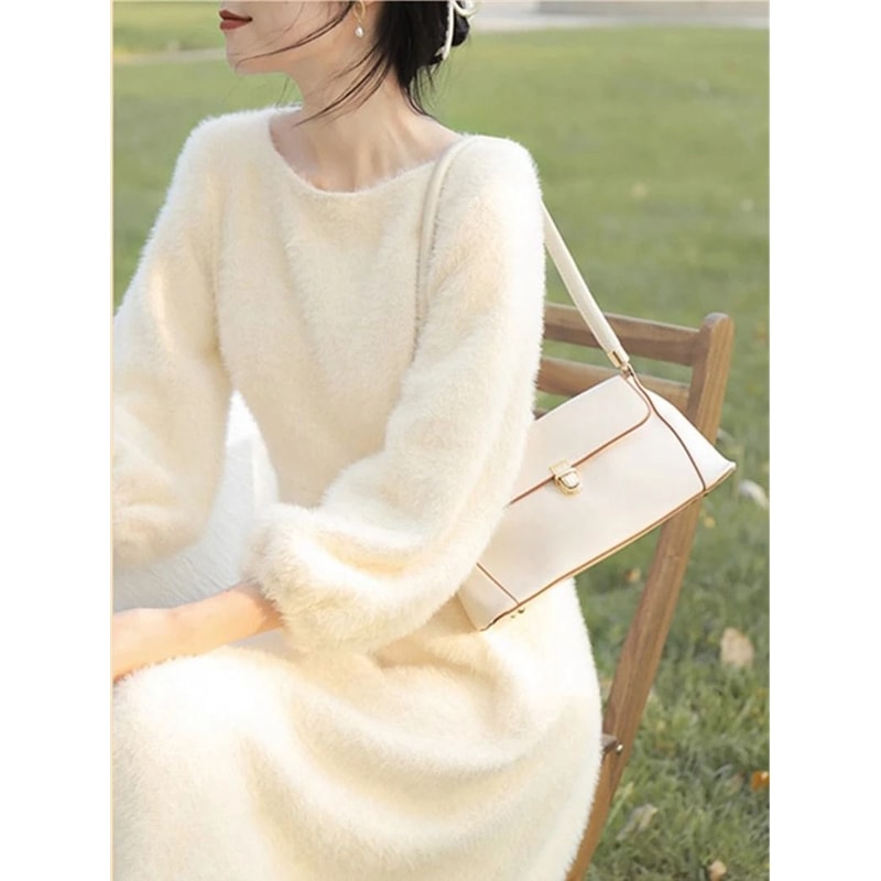 Womens Plush White Sweater Dress Long Sleeve Elegant Winter Knit Dress 5