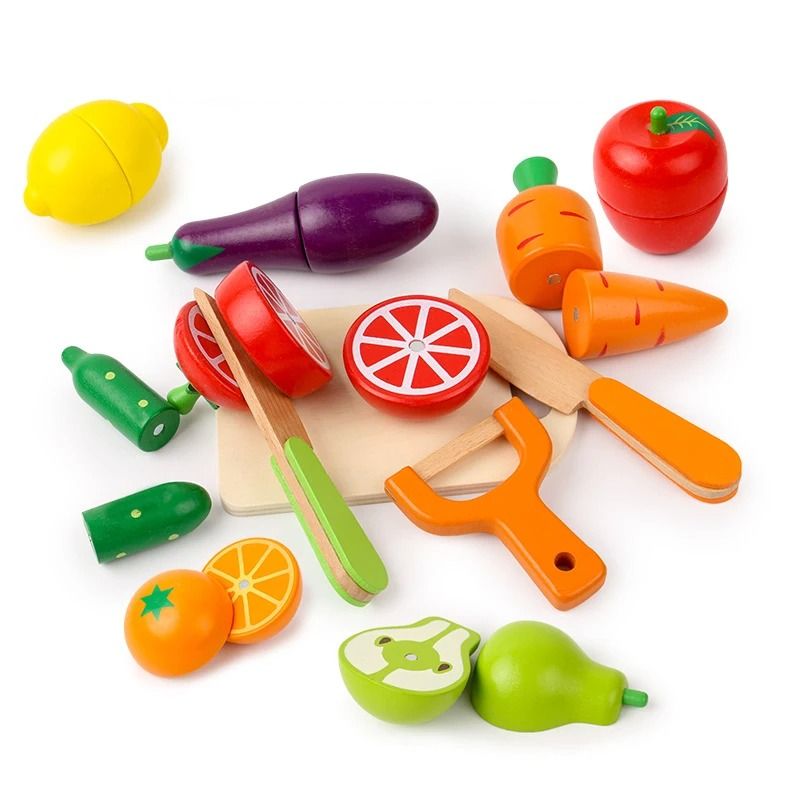 Montessori Wooden Cutting Fruit And Vegetable Toy Set Kids Pretend Play Kitchen Food 7