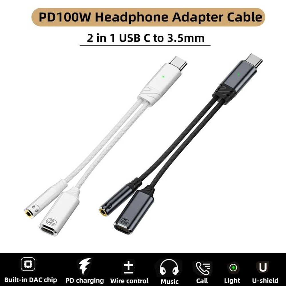 2 In 1 USB C To 35mm Headphone Adapter AUX Audio Cable For Smartphones 0