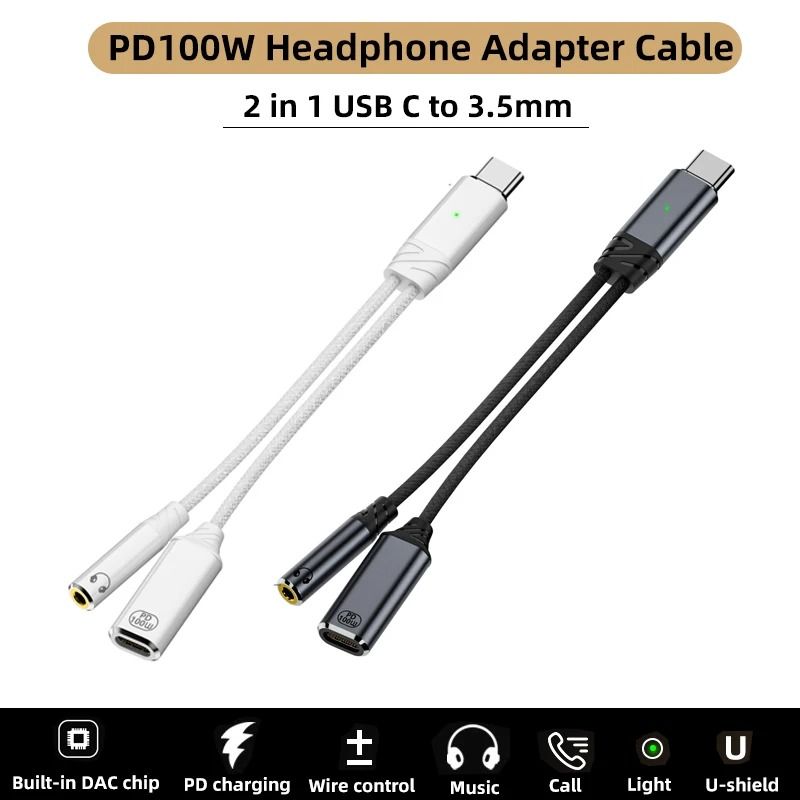 2 In 1 USB C To 35mm Headphone Adapter AUX Audio Cable For Smartphones 0