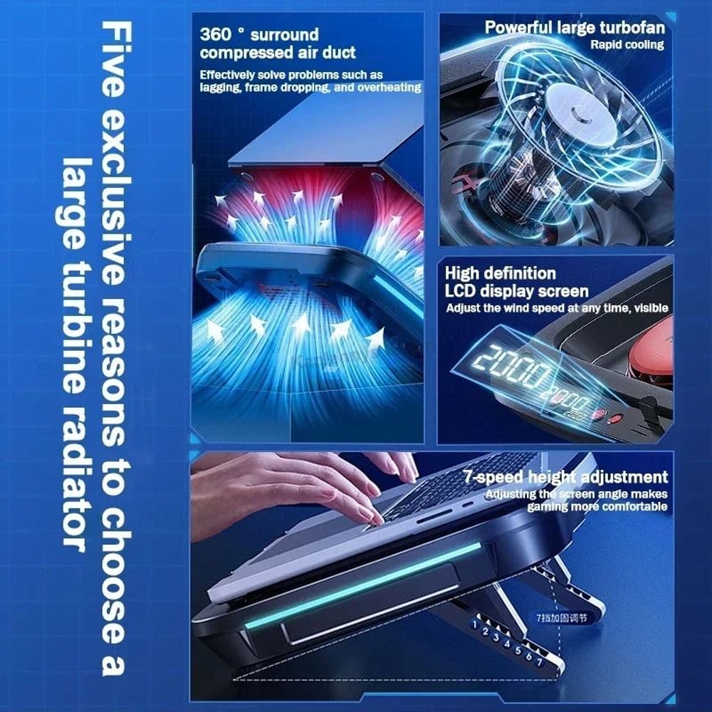 MEMO FL08 Gaming Laptop Cooling Pad Adjustable Laptop Cooler Stand Powerful Fan Cooling Base 6