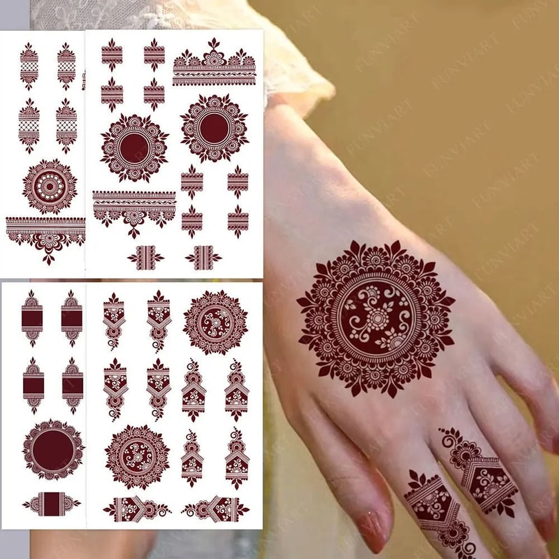 ElegantBloom Henna Tattoo Stickers Brown Temporary Mehndi Tattoos Floral Hand And Foot Body Art 14