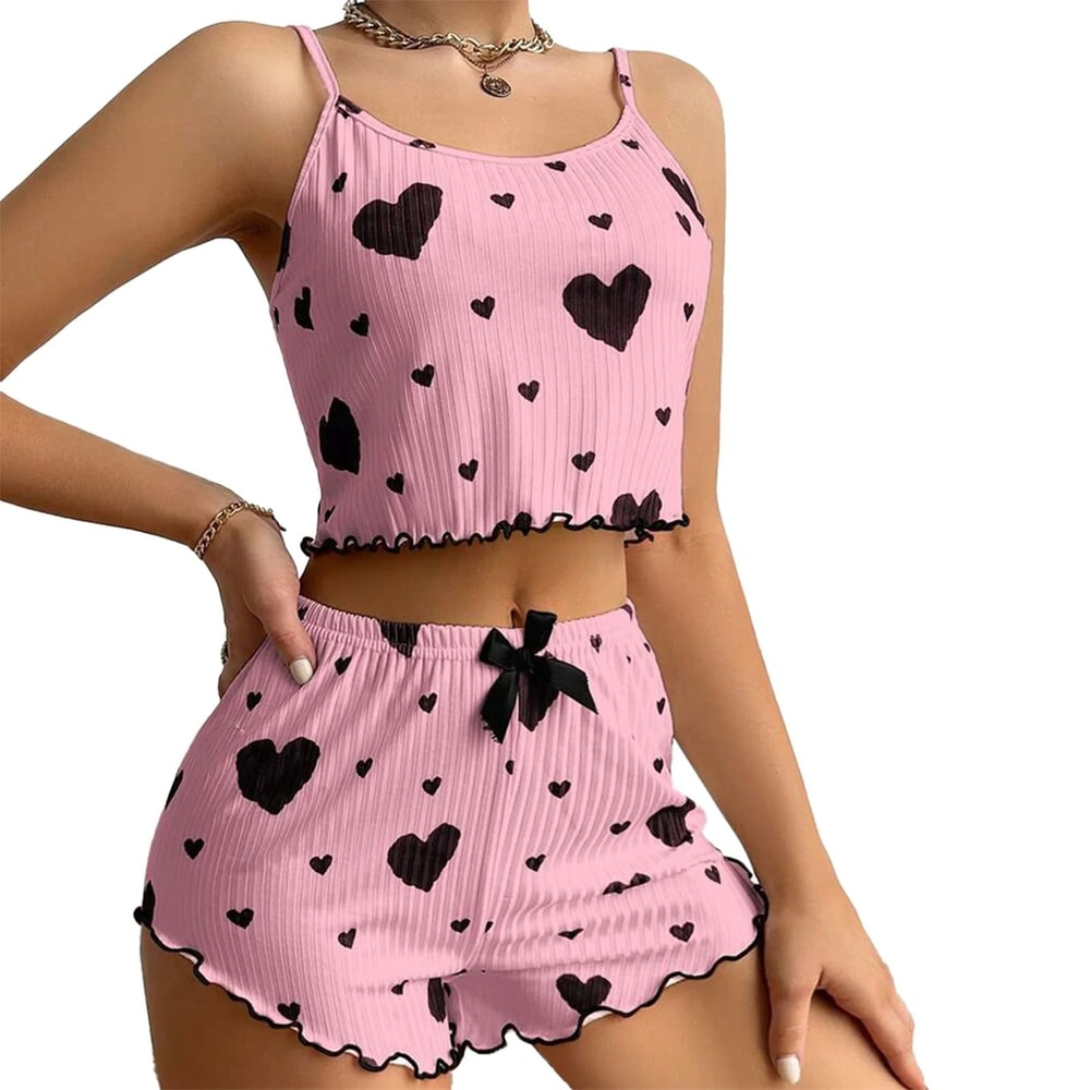 Womens Summer Pajama Set Heart Print Camisole And Shorts Sleepwear Two Piece Lounge Set 2