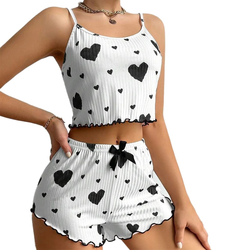 Womens Summer Pajama Set Heart Print Camisole And Shorts Sleepwear Two Piece Lounge Set 3