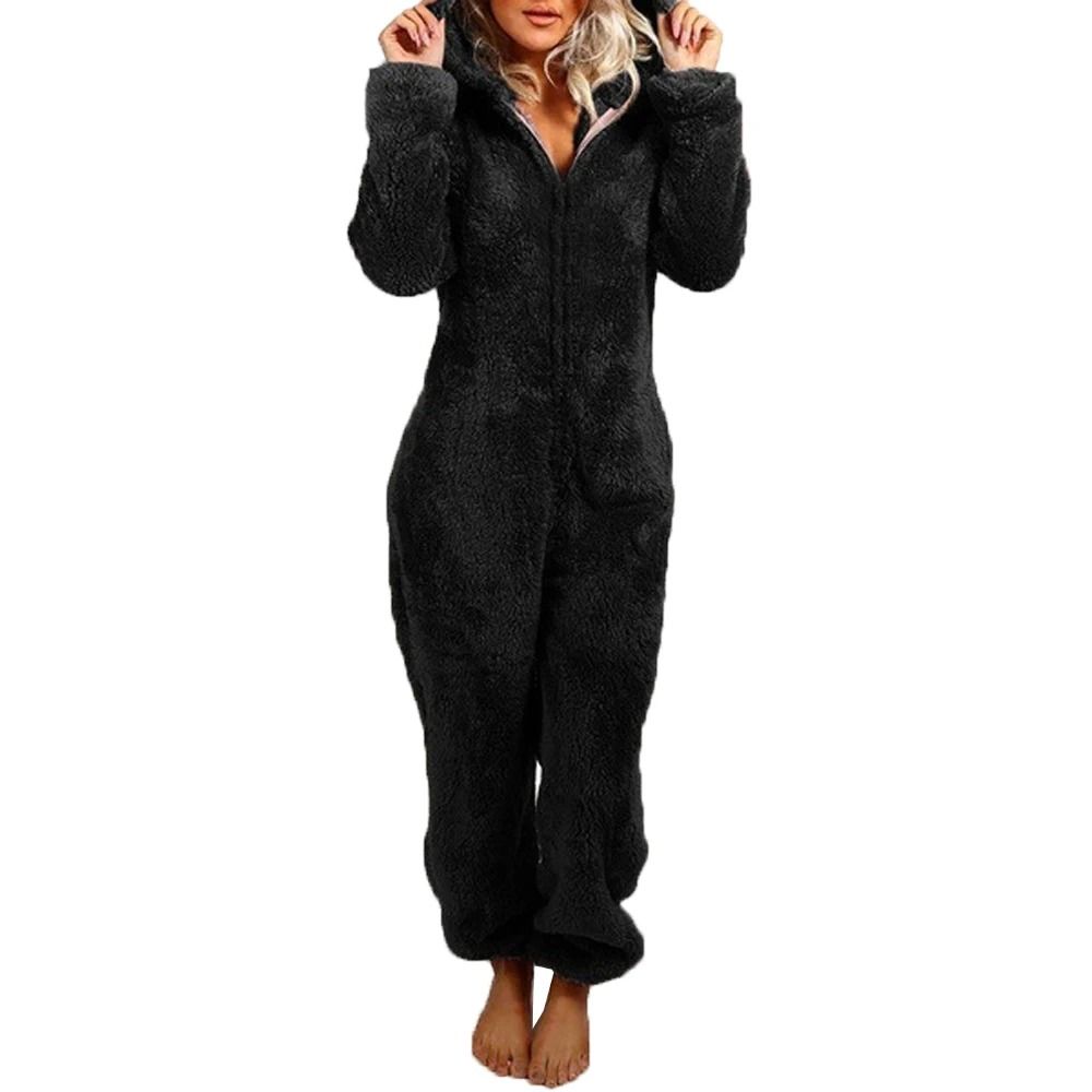 Womens Plush Flannel Pajama Romper Hooded Long Sleeve Winter Sleepwear Onesie 4