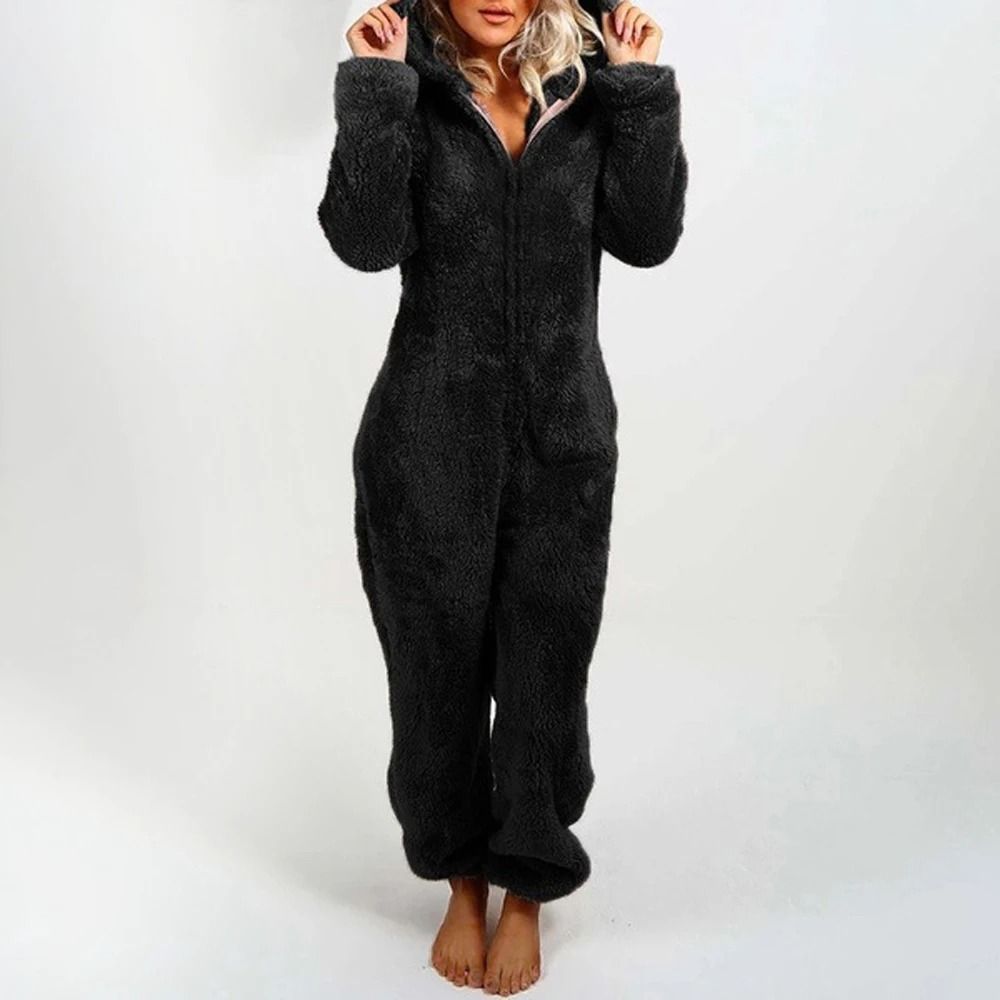 Womens Plush Flannel Pajama Romper Hooded Long Sleeve Winter Sleepwear Onesie 9