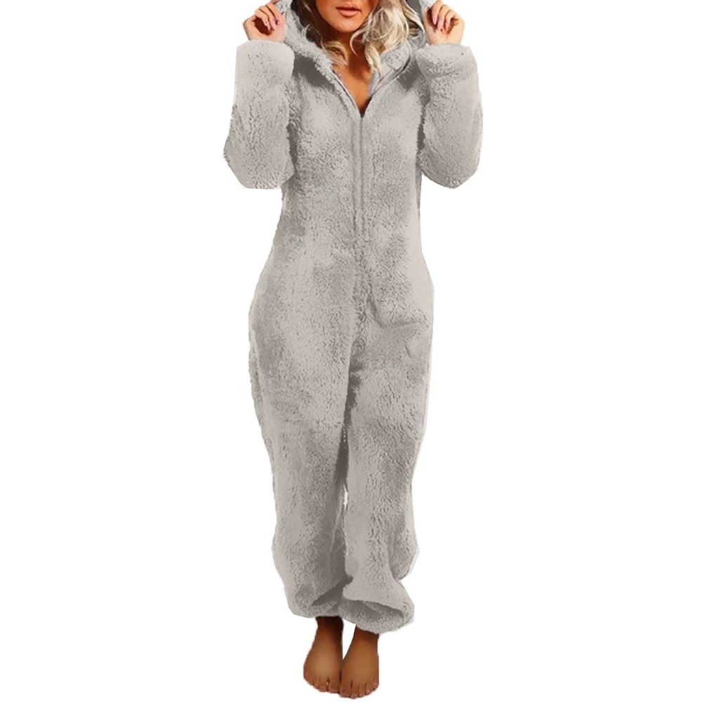 Womens Plush Flannel Pajama Romper Hooded Long Sleeve Winter Sleepwear Onesie 1