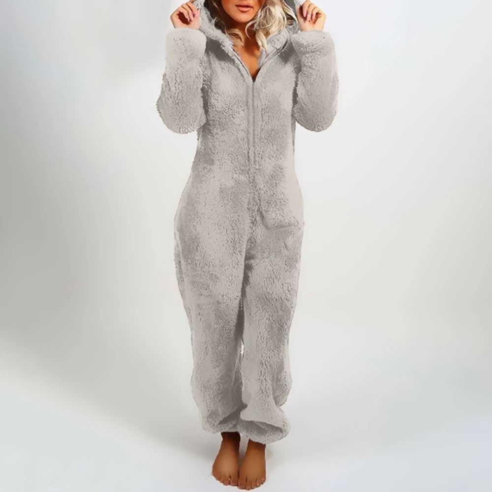 Womens Plush Flannel Pajama Romper Hooded Long Sleeve Winter Sleepwear Onesie 6
