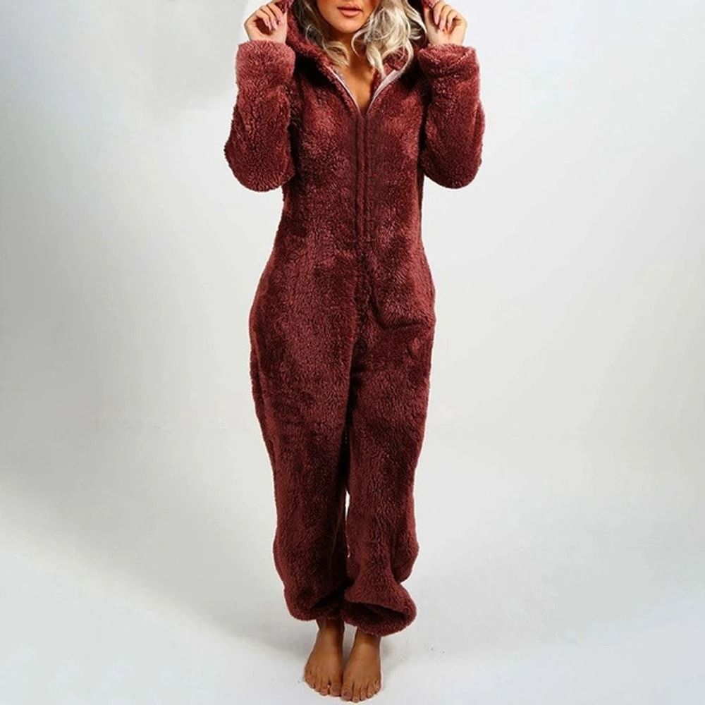 Womens Plush Flannel Pajama Romper Hooded Long Sleeve Winter Sleepwear Onesie 8