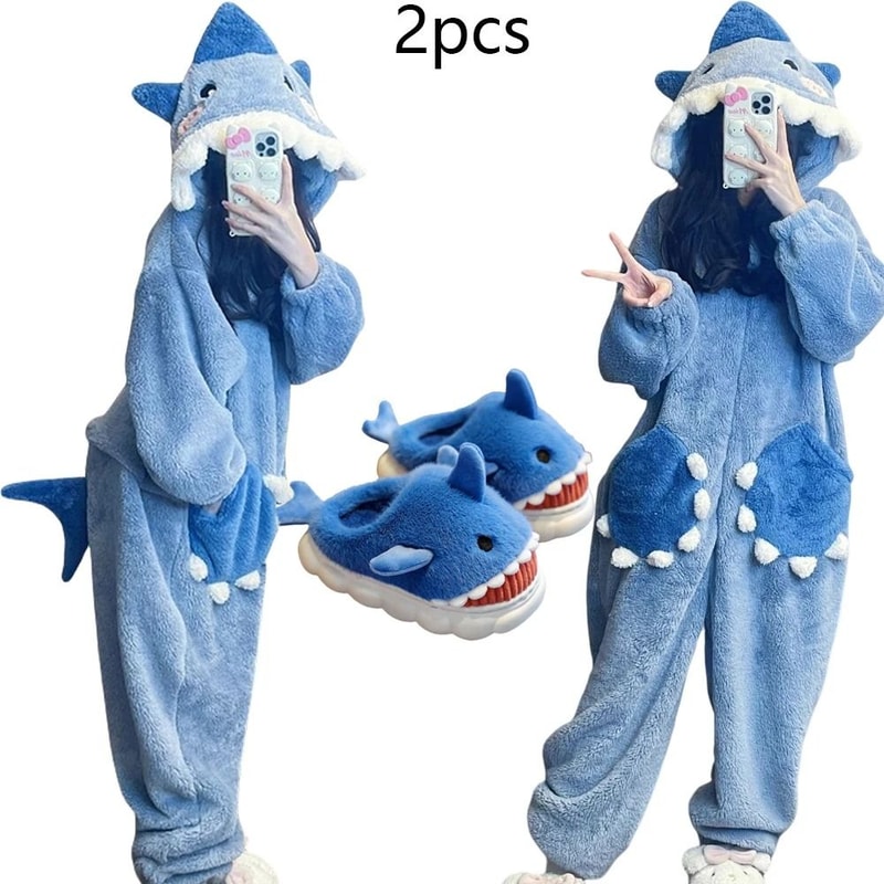 Womens Cartoon Shark Kigurumi Pajamas Hooded Animal Onesie Sleepwear Winter Cosplay Jumpsuit 3