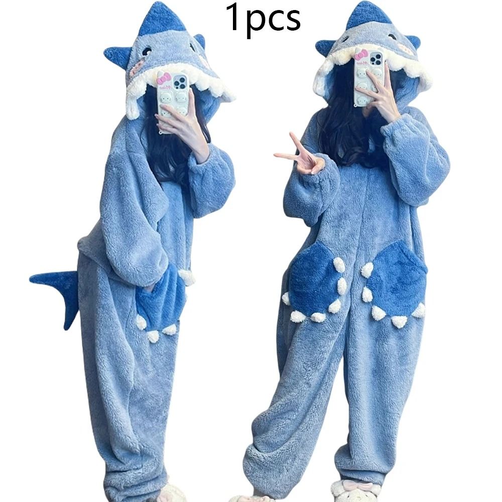 Womens Cartoon Shark Kigurumi Pajamas Hooded Animal Onesie Sleepwear Winter Cosplay Jumpsuit 2