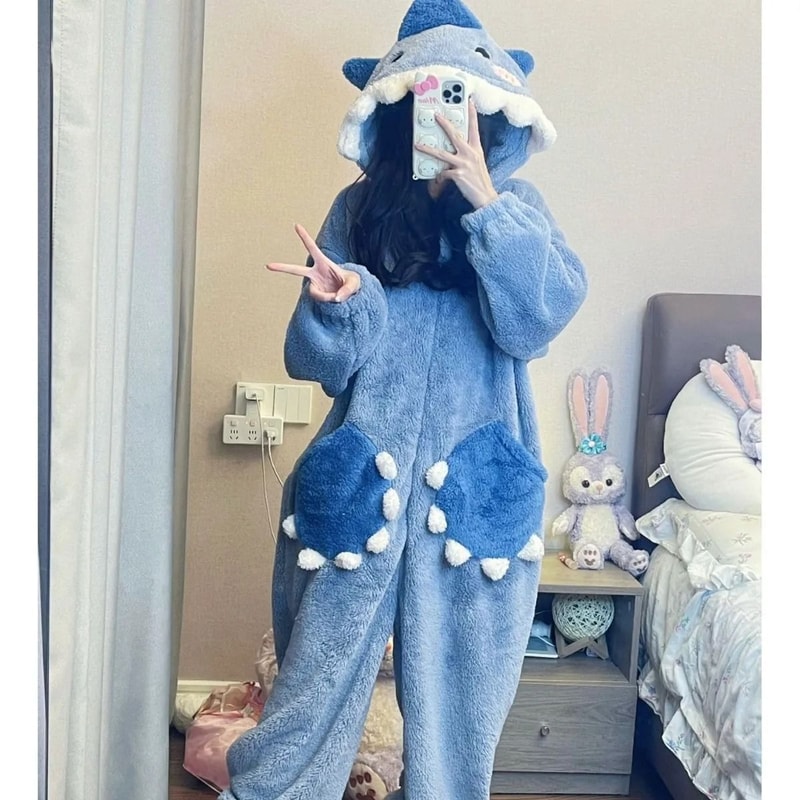 Womens Cartoon Shark Kigurumi Pajamas Hooded Animal Onesie Sleepwear Winter Cosplay Jumpsuit 6