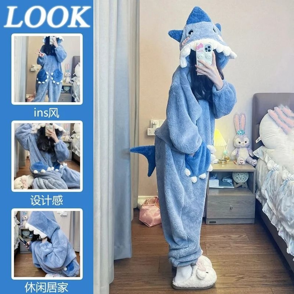 Womens Cartoon Shark Kigurumi Pajamas Hooded Animal Onesie Sleepwear Winter Cosplay Jumpsuit 7