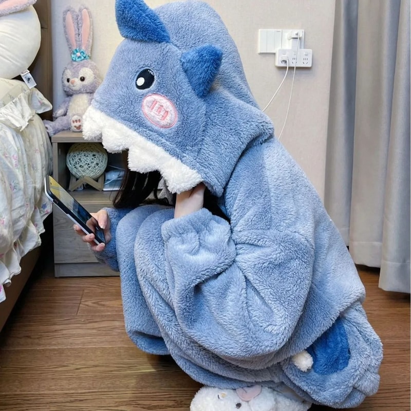 Womens Cartoon Shark Kigurumi Pajamas Hooded Animal Onesie Sleepwear Winter Cosplay Jumpsuit 8
