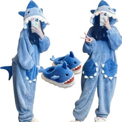 womens cartoon shark kigurumi pajamas hooded animal onesie sleepwear winter cosplay jumpsuit