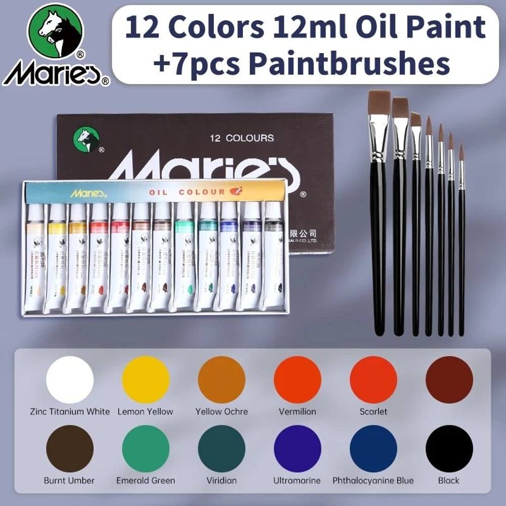 Maries 19 Piece Oil Paint Set With 12 Colors Pigments And 7 Brushes Artist Painting Kit 1