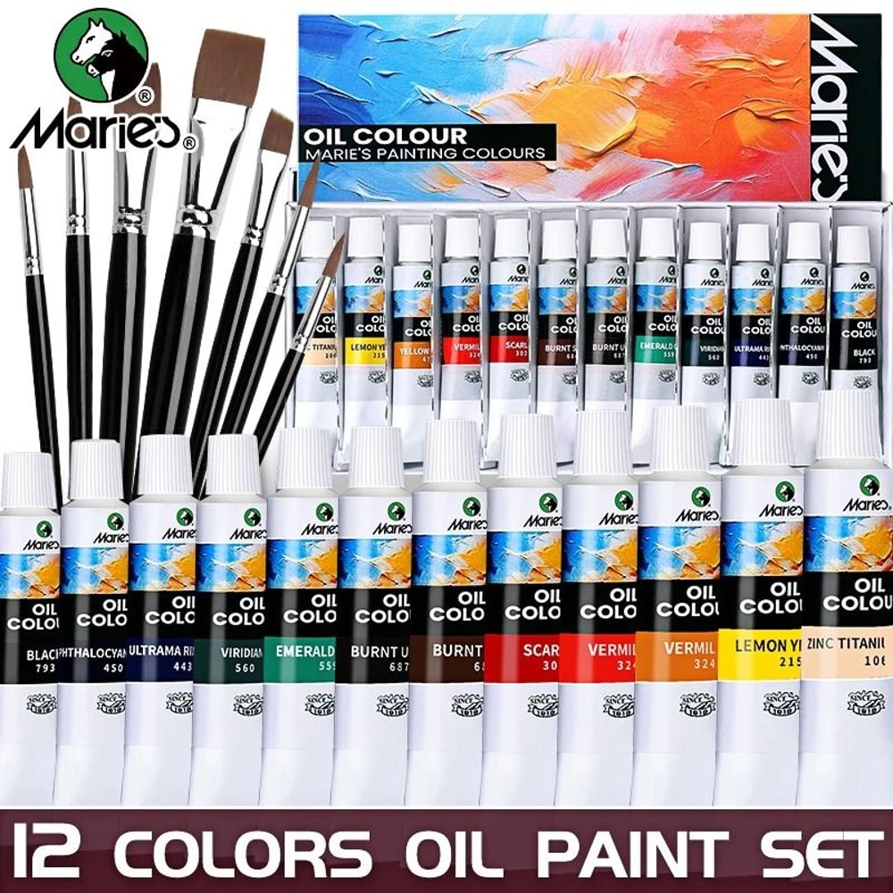 Maries 19 Piece Oil Paint Set With 12 Colors Pigments And 7 Brushes Artist Painting Kit 0