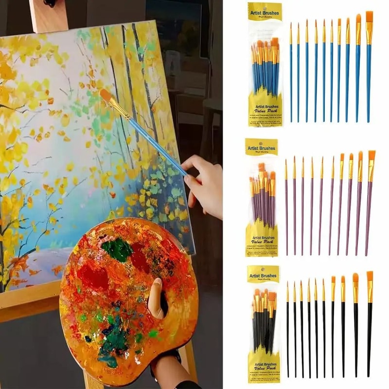 10 Piece Paint Brush Set Nylon Hair Artist Painting Brushes For Watercolor Acrylic Oil 0