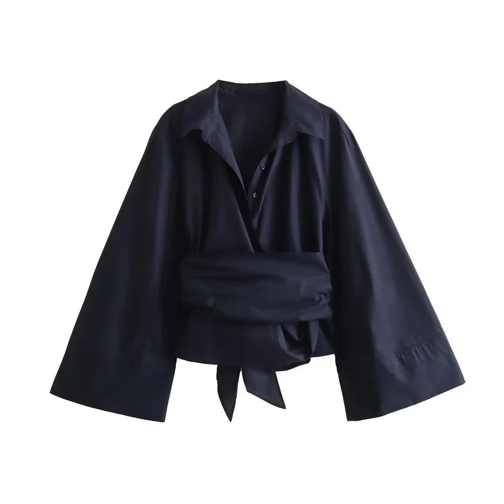 Womens Bow Tie Blouse Double Breasted Polo Collar Shirt Cropped Poplin Top 2