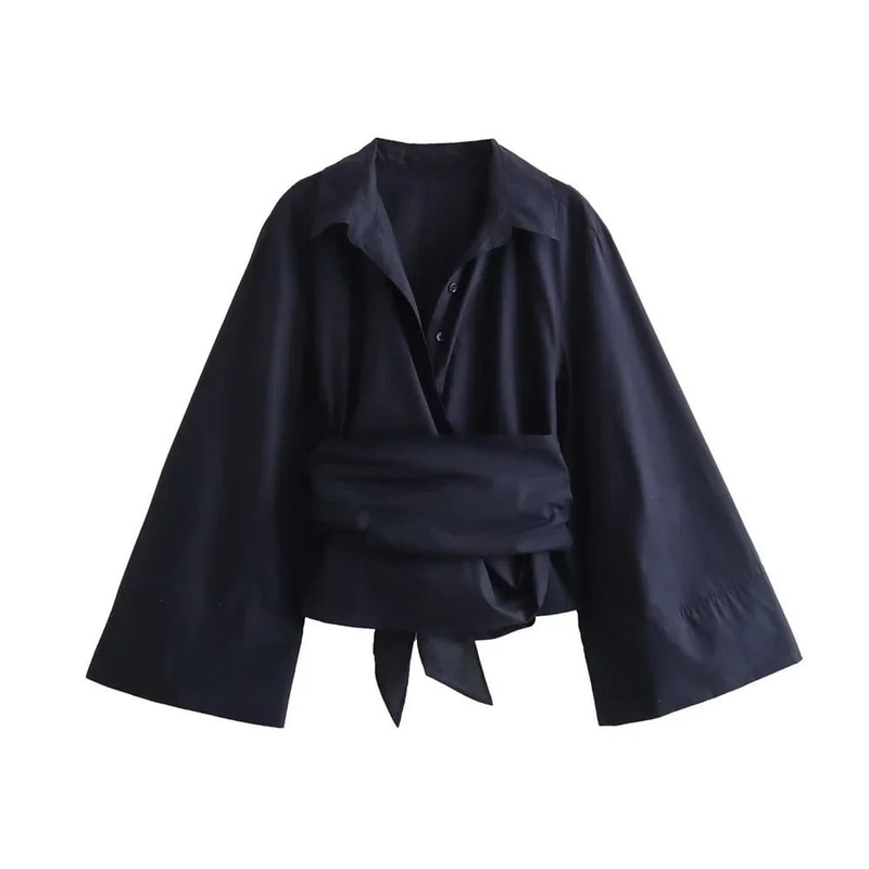 Womens Bow Tie Blouse Double Breasted Polo Collar Shirt Cropped Poplin Top 6