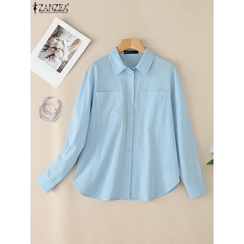 ZANZEA Womens Oversized Button Up Shirt Casual Long Sleeve Cotton Overshirt 9