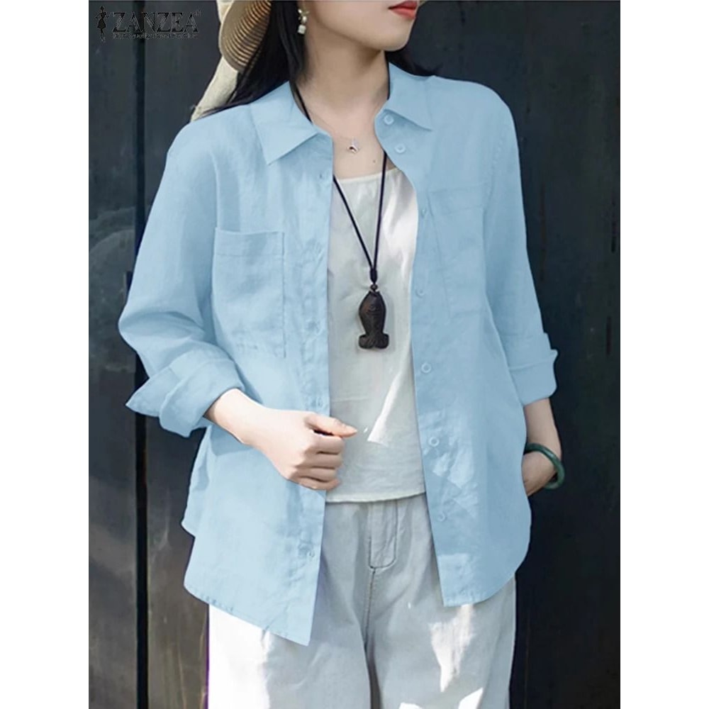 ZANZEA Womens Oversized Button Up Shirt Casual Long Sleeve Cotton Overshirt 2
