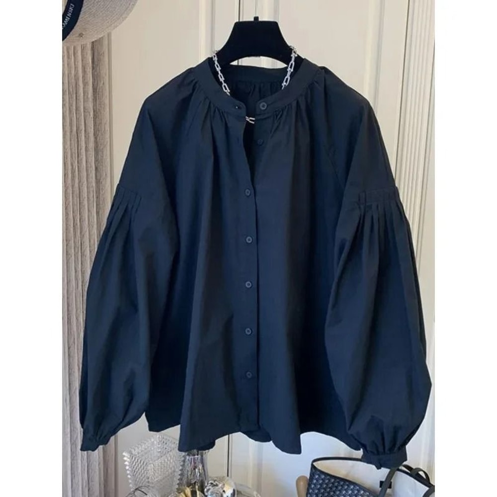 Womens Stand Collar Lantern Sleeve Shirt Korean Chic Oversized Button Up Blouse 1