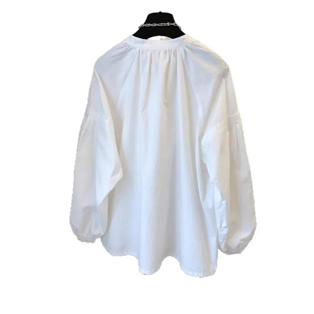 Womens Stand Collar Lantern Sleeve Shirt Korean Chic Oversized Button Up Blouse 4