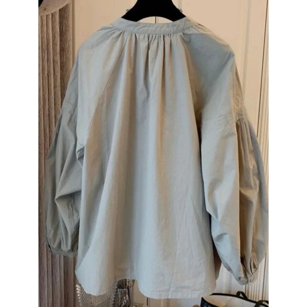 Womens Stand Collar Lantern Sleeve Shirt Korean Chic Oversized Button Up Blouse 5