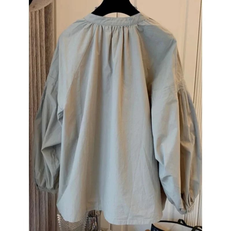 Womens Stand Collar Lantern Sleeve Shirt Korean Chic Oversized Button Up Blouse 5