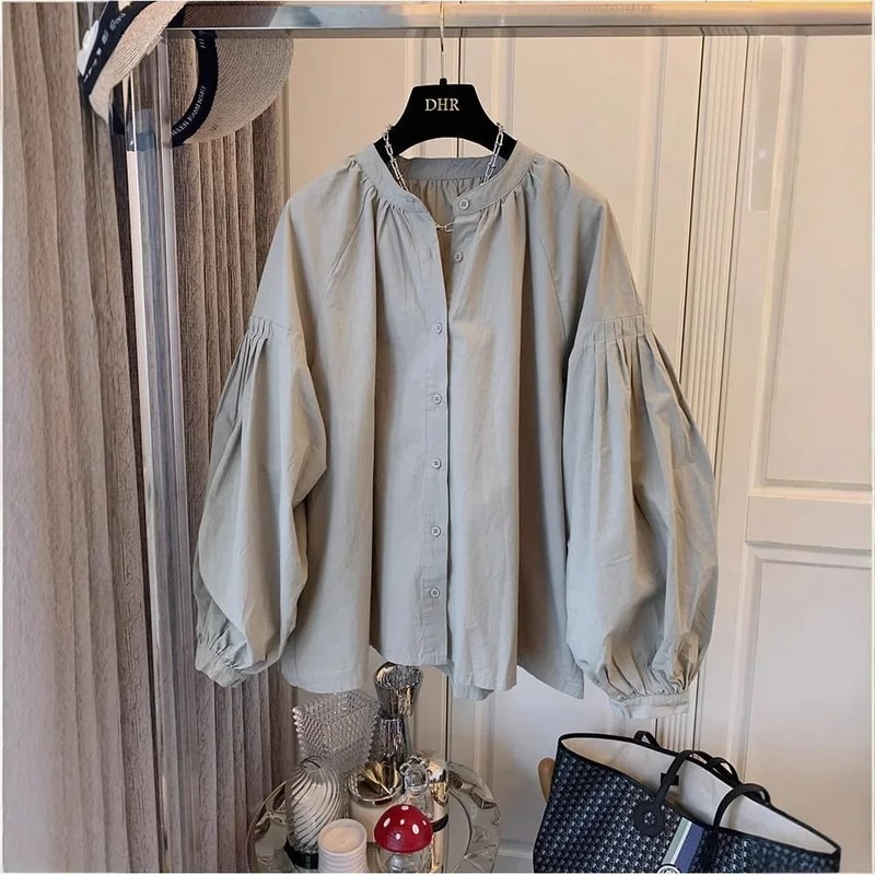 Womens Stand Collar Lantern Sleeve Shirt Korean Chic Oversized Button Up Blouse 0