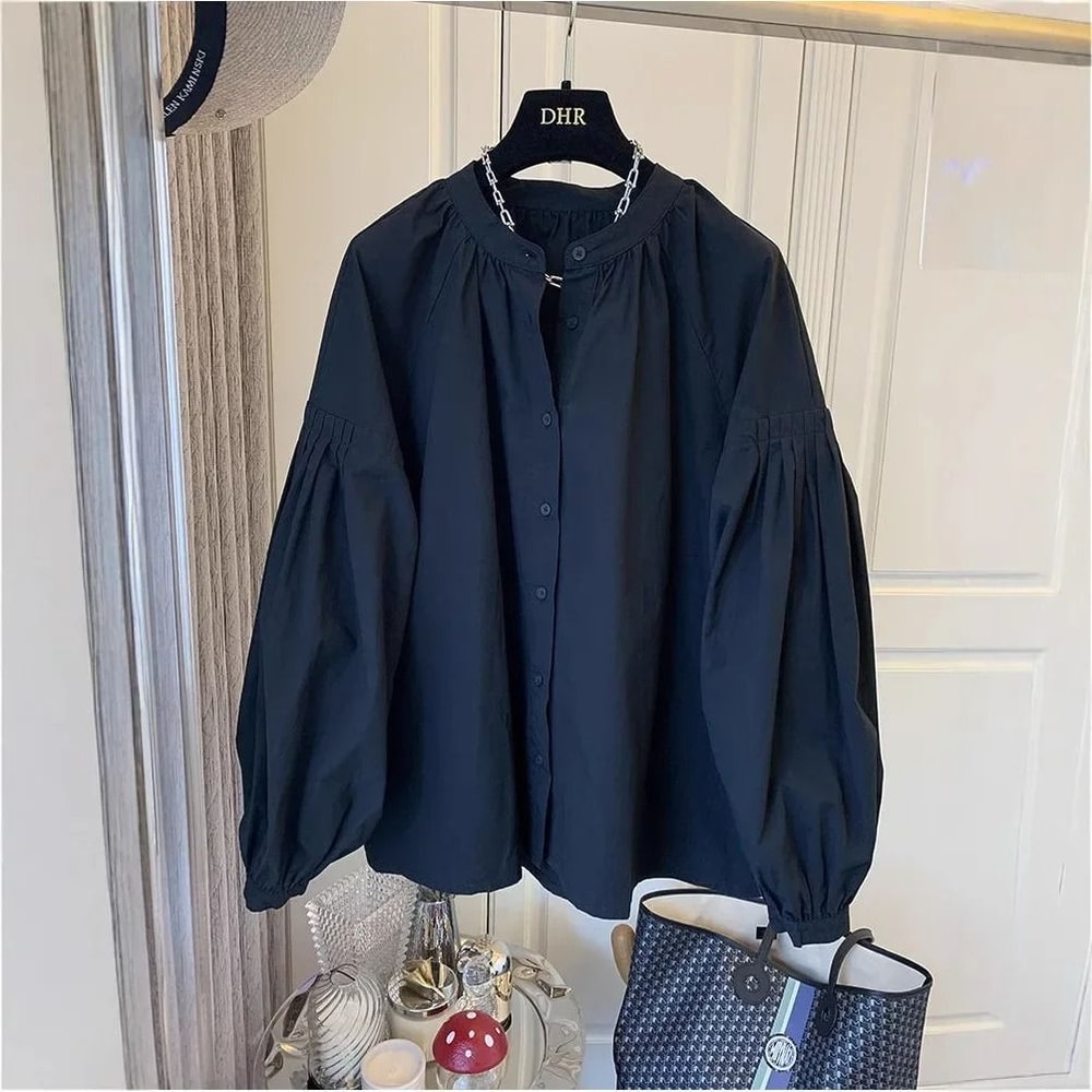 Womens Stand Collar Lantern Sleeve Shirt Korean Chic Oversized Button Up Blouse 6