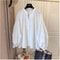 Womens Stand Collar Lantern Sleeve Shirt Korean Chic Oversized Button Up Blouse 7