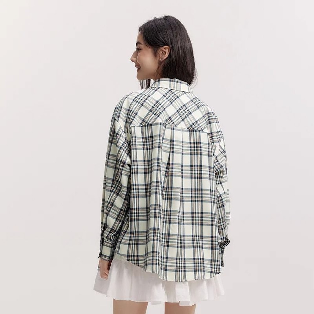 Semir Womens Oversized Checkered Shirt Vintage Long Sleeve Plaid Blouse Mid Length Casual Top 3