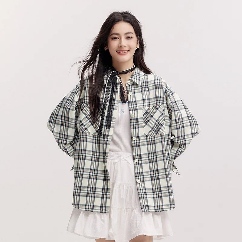 Semir Womens Oversized Checkered Shirt Vintage Long Sleeve Plaid Blouse Mid Length Casual Top 0