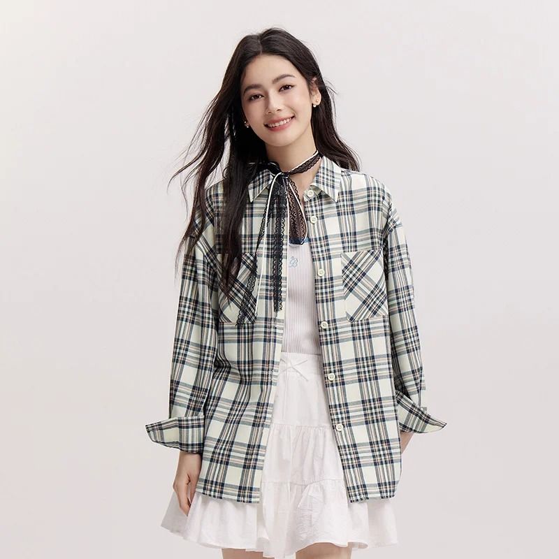 Semir Womens Oversized Checkered Shirt Vintage Long Sleeve Plaid Blouse Mid Length Casual Top 5