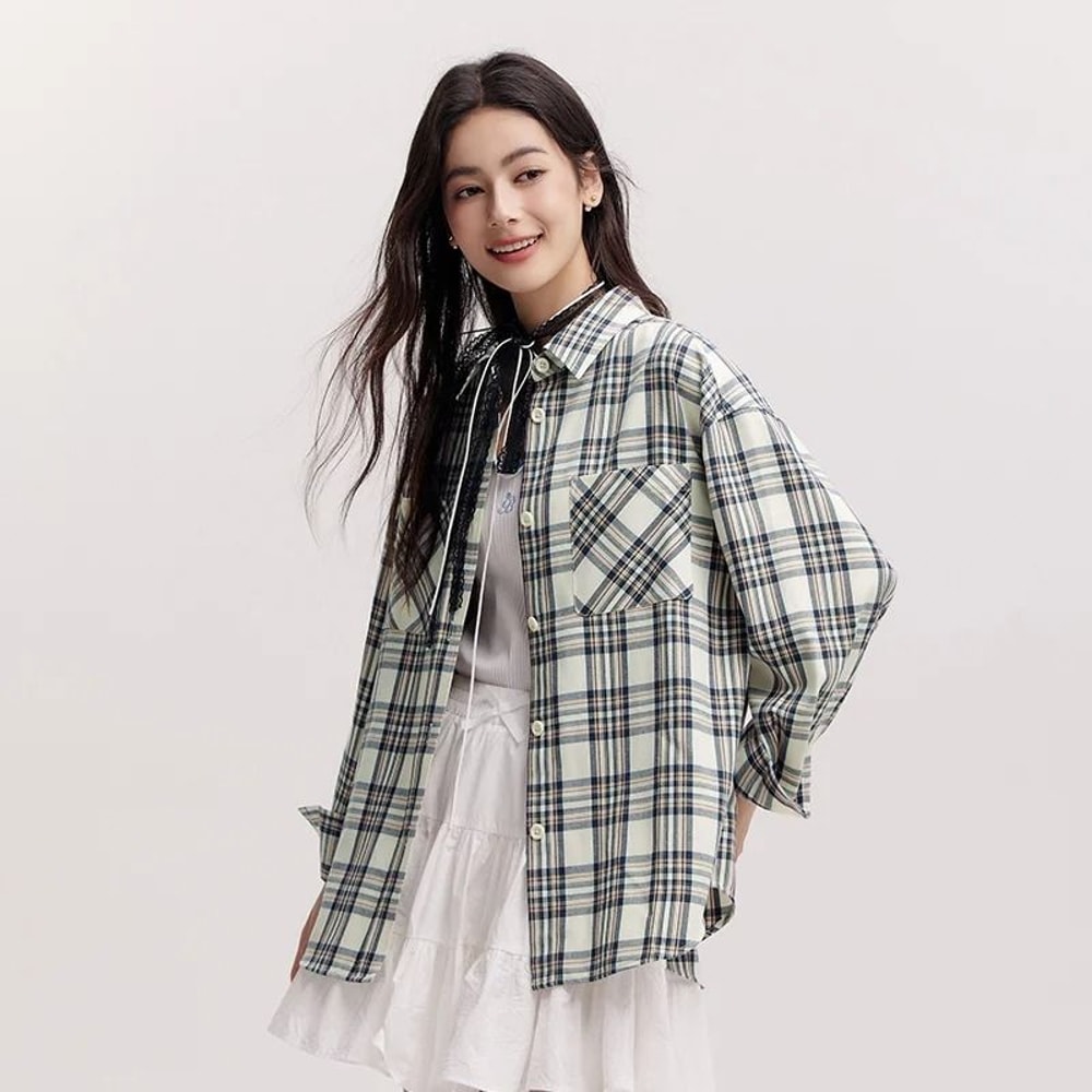 Semir Womens Oversized Checkered Shirt Vintage Long Sleeve Plaid Blouse Mid Length Casual Top 6